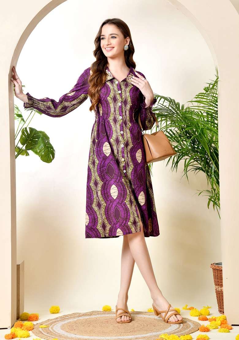 Purple Cotton Dress with Printed for Diwali | Wedding & Festive Wear - Indya