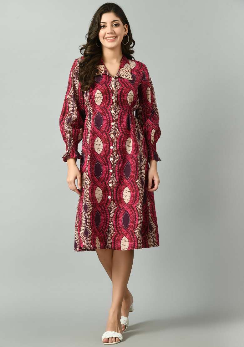 Maroon Printed Cotton Dress for Diwali and Festive Wear - Indya