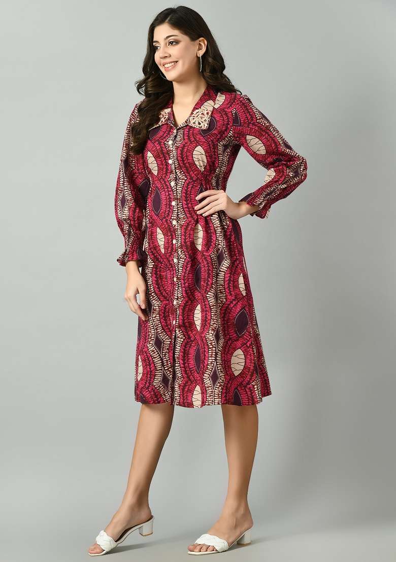 Maroon Printed Cotton Dress for Diwali and Festive Wear - Indya