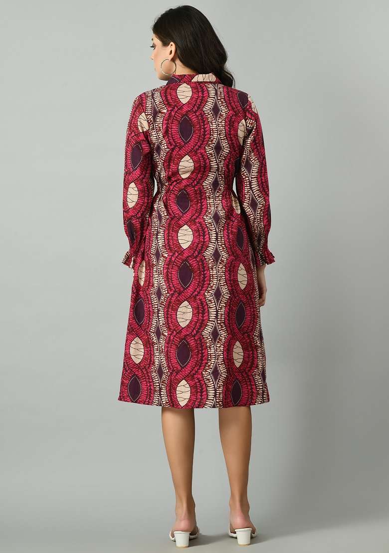 Maroon Printed Cotton Dress for Diwali and Festive Wear - Indya