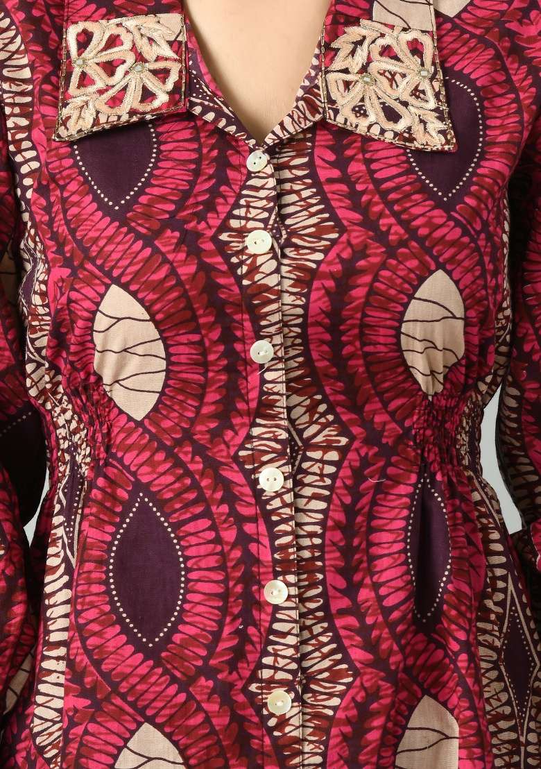 Maroon Printed Cotton Dress for Diwali and Festive Wear - Indya