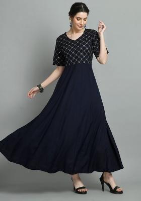 Navy Blue Solid Rayon Dress