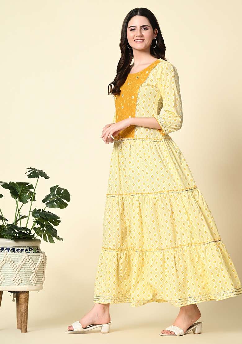 Yellow Printed Cotton Dress for Diwali and Festive Wear - Indya
