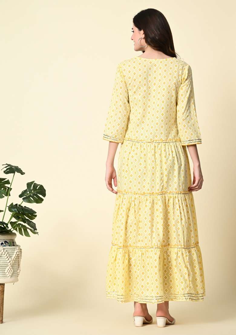 Yellow Printed Cotton Dress for Diwali and Festive Wear - Indya