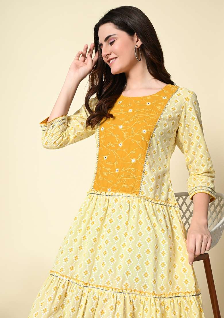 Yellow Printed Cotton Dress for Diwali and Festive Wear - Indya