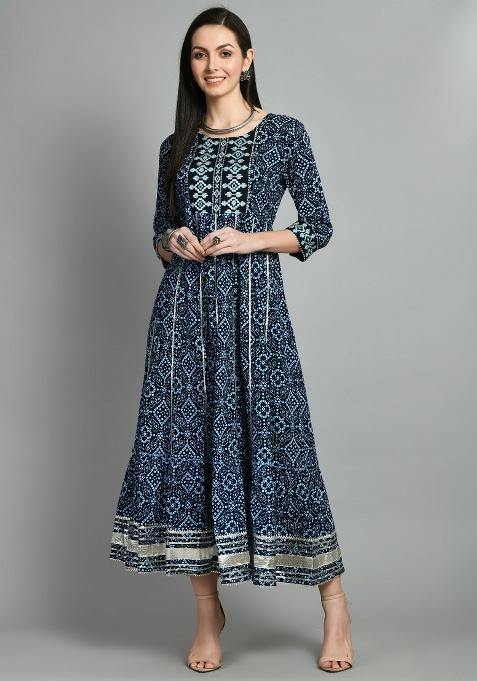 Blue Printed Rayon Dress