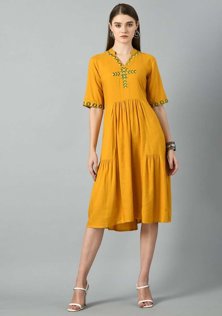 Yellow Embroidery Cotton Dress for Diwali and Festive Wear - Indya