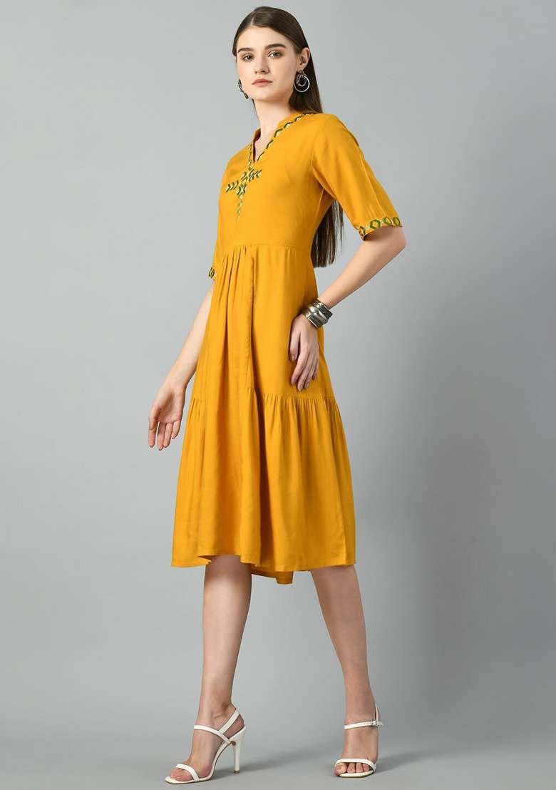 Yellow Embroidery Cotton Dress for Diwali and Festive Wear - Indya
