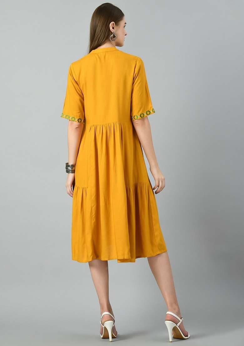 Yellow Embroidery Cotton Dress for Diwali and Festive Wear - Indya