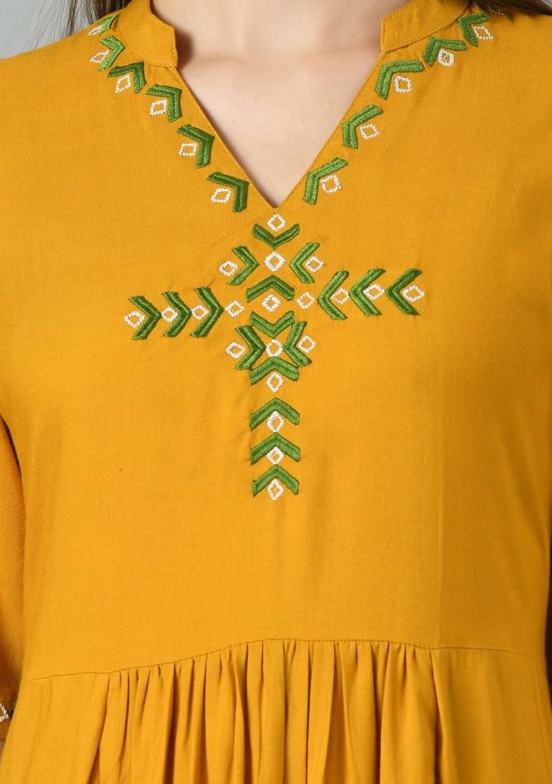 Yellow Embroidery Cotton Dress for Diwali and Festive Wear - Indya