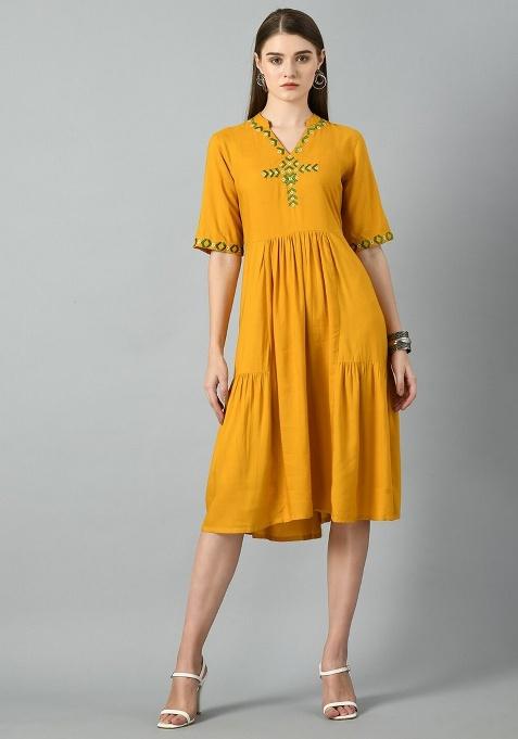 Yellow Embroidery Cotton Dress