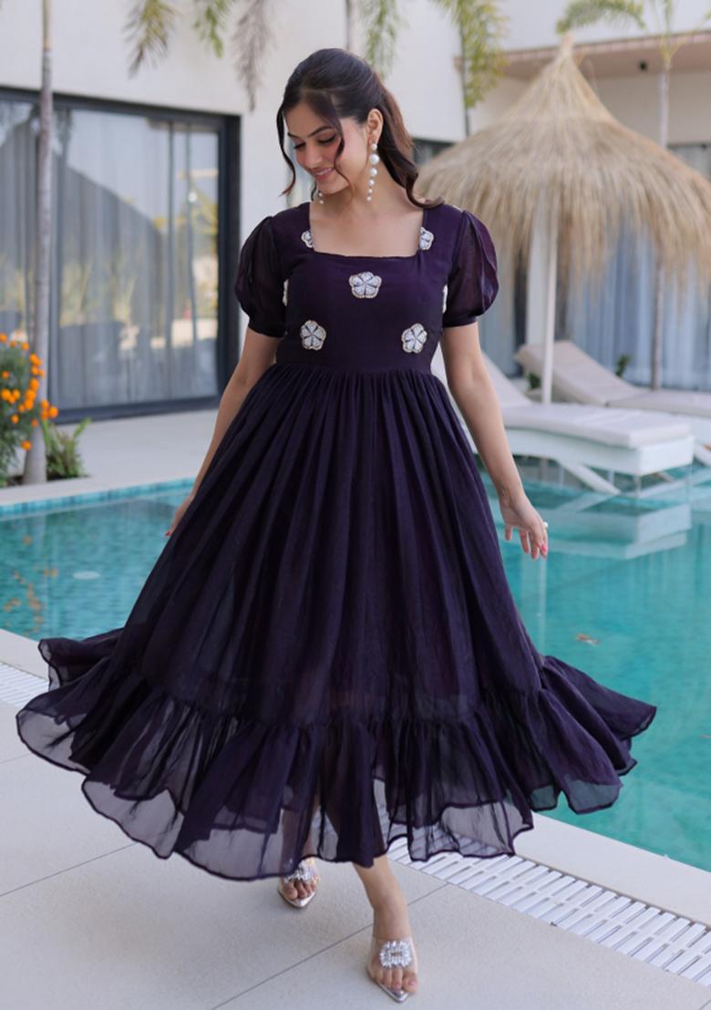 Purple Beads Silk Gown - Indya