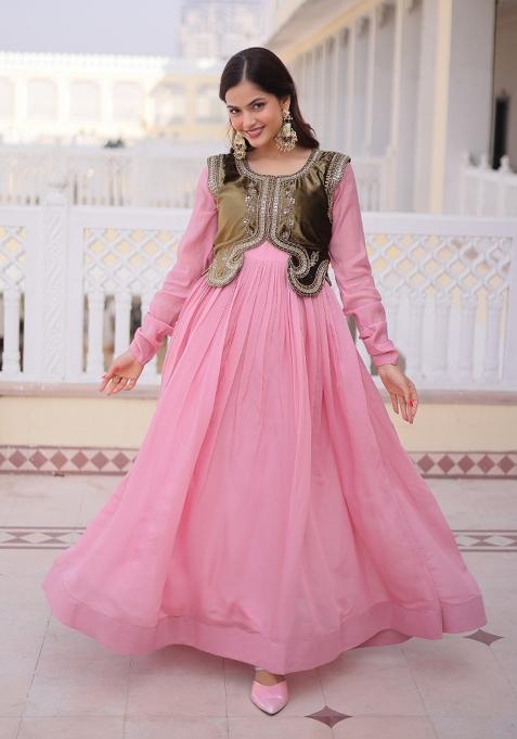 Gold Sequins Work Chanderi Gown Set