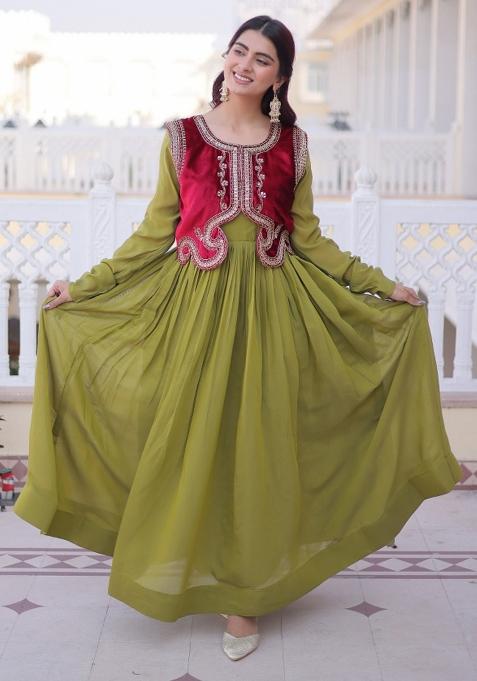 Green Sequins Work Chanderi Gown Set