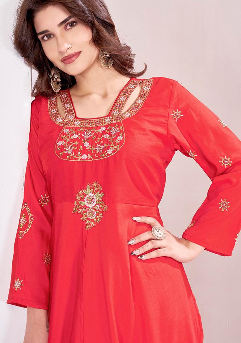Red Embroidery Viscose Gown - Indya