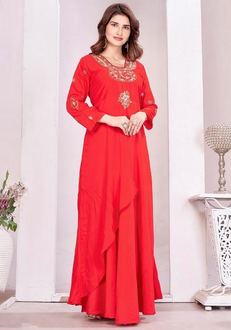 Red Embroidery Viscose Gown