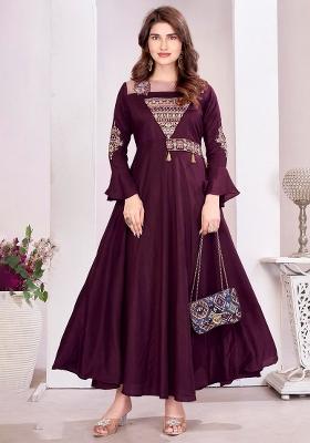 Wine Embroidery Viscose Gown