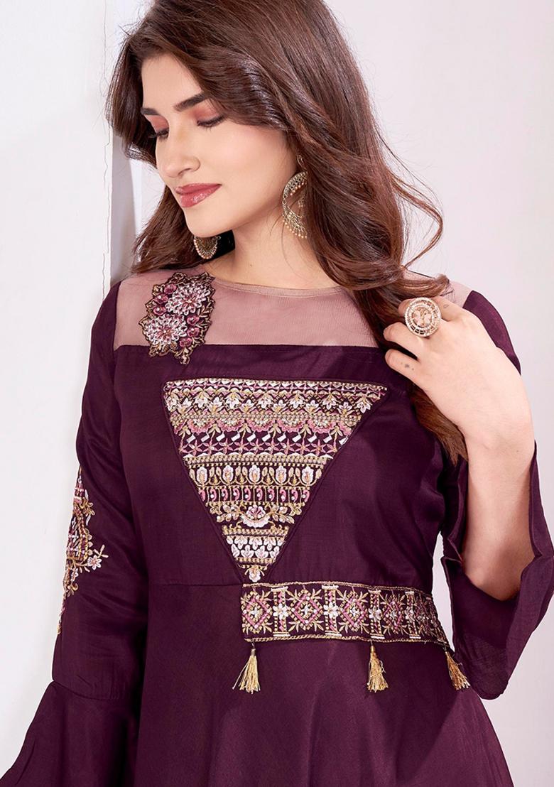 Wine Embroidery Viscose Gown - Indya