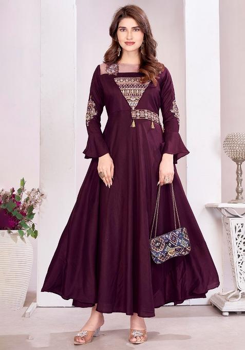 Wine Embroidery Viscose Gown