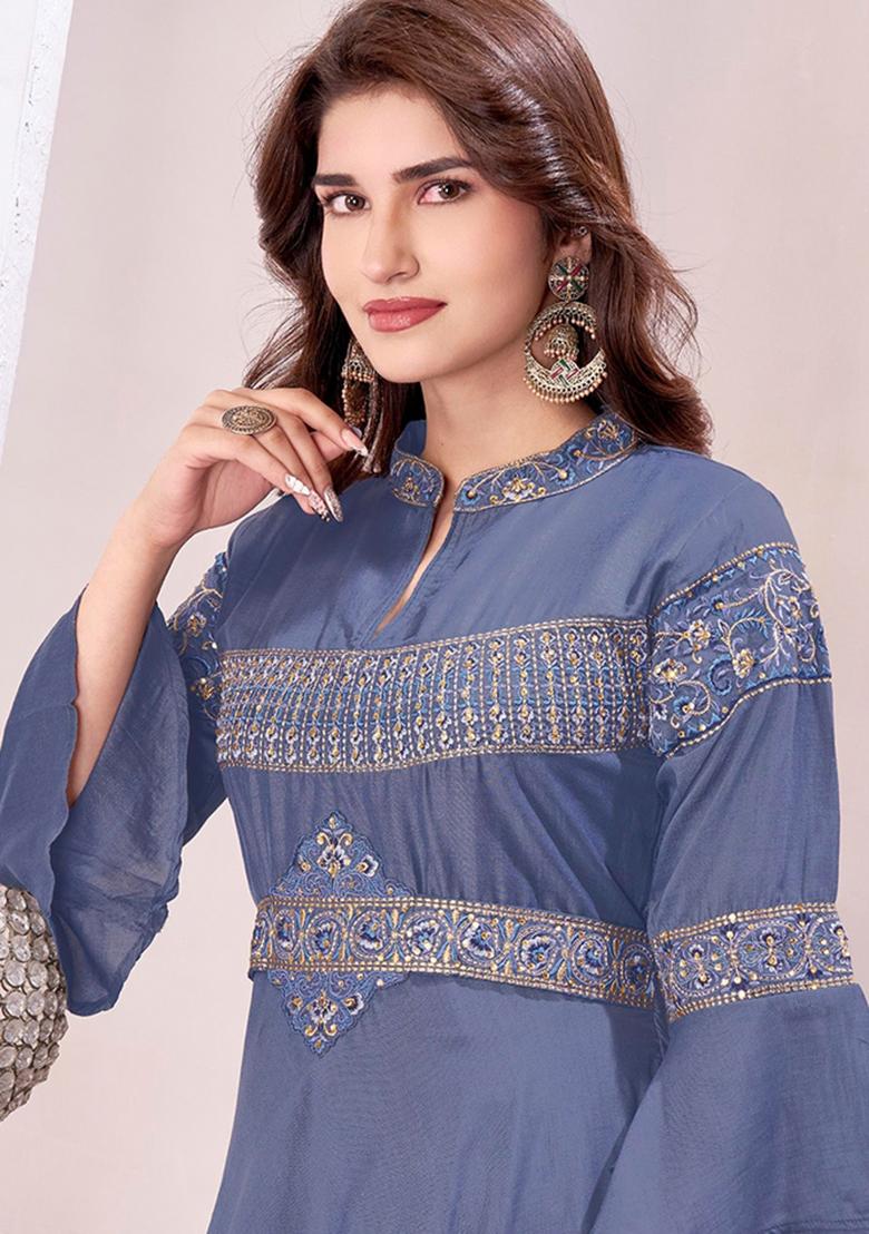 Grey Embroidery Viscose Gown - Indya