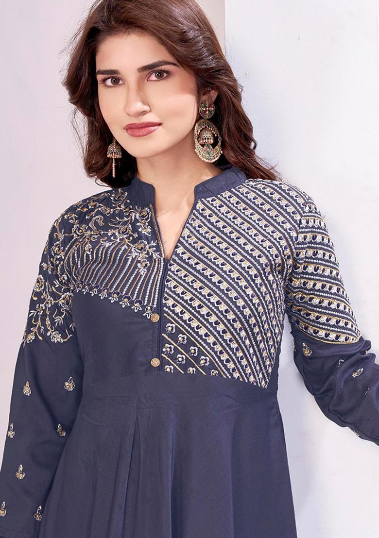 Grey Embroidery Viscose Gown - Indya
