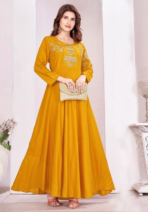 Yellow Embroidery Viscose Gown