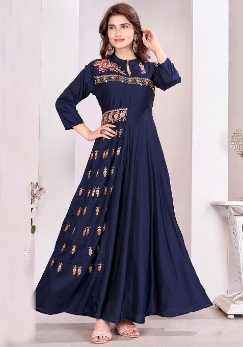 Blue Embroidery Viscose Gown