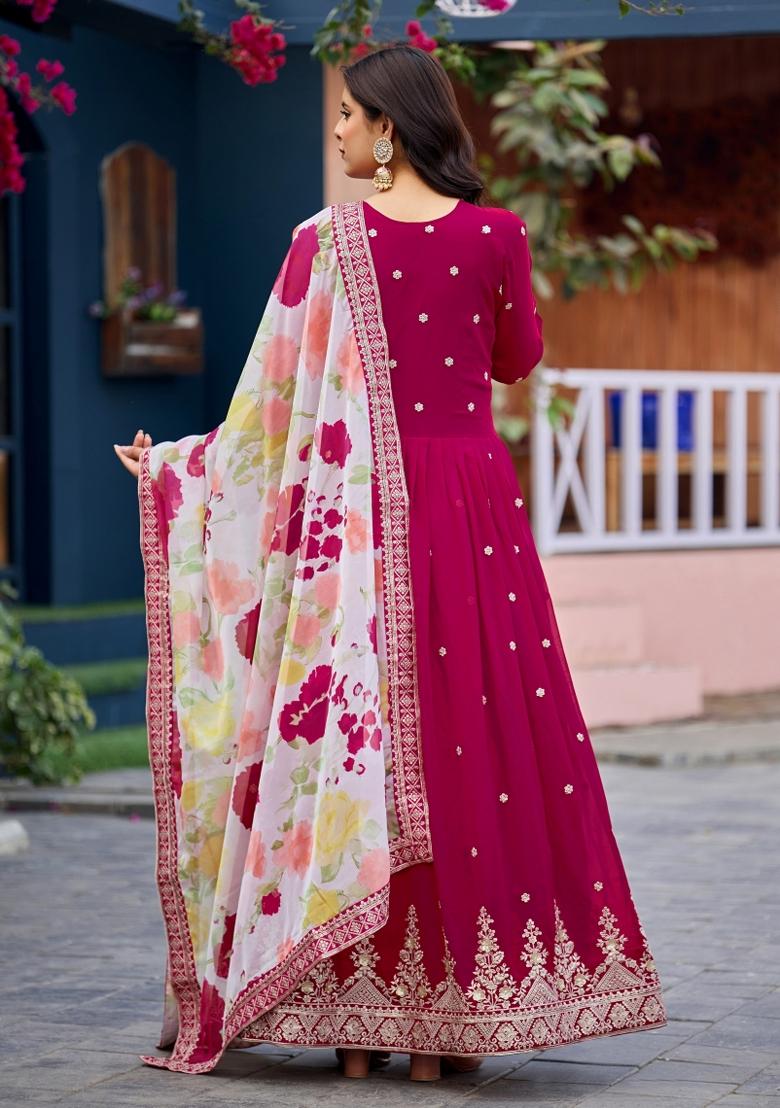 Pink Sequins Work Georgette Gown With Dupatta - Indya