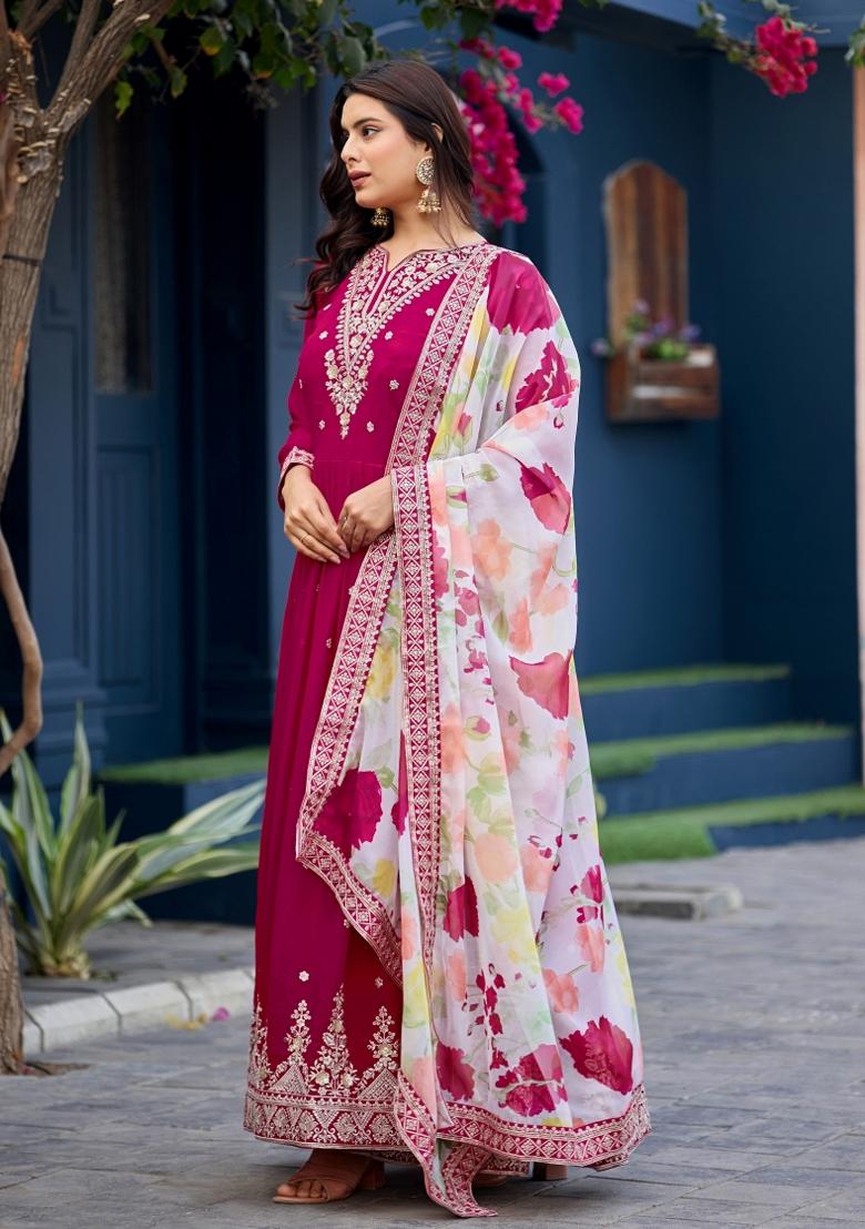 Pink Sequins Work Georgette Gown With Dupatta - Indya