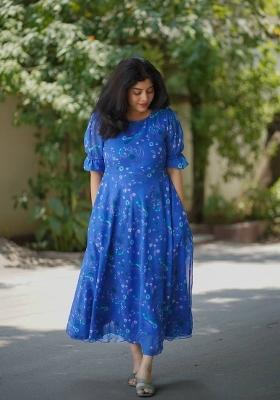Blue Printed Chiffon Dress
