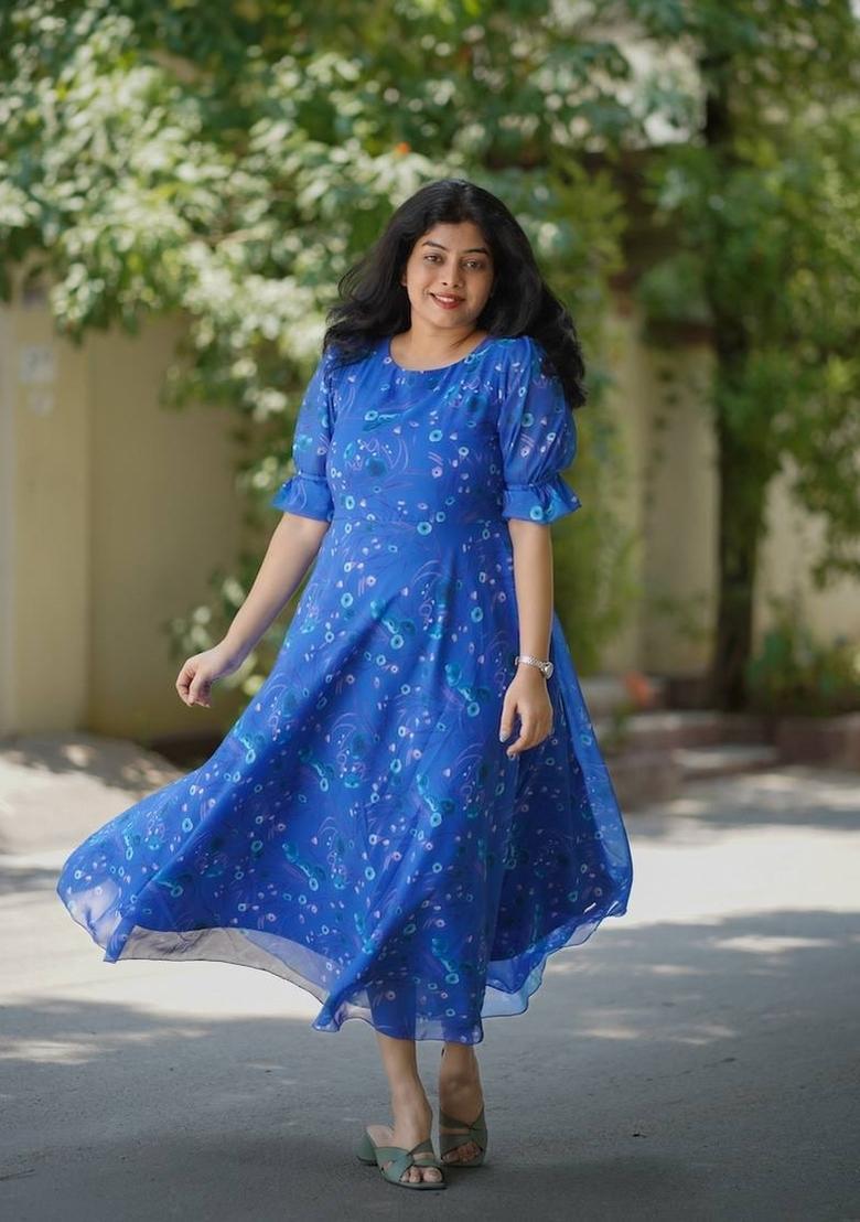 Blue Printed Chiffon Dress - Indya
