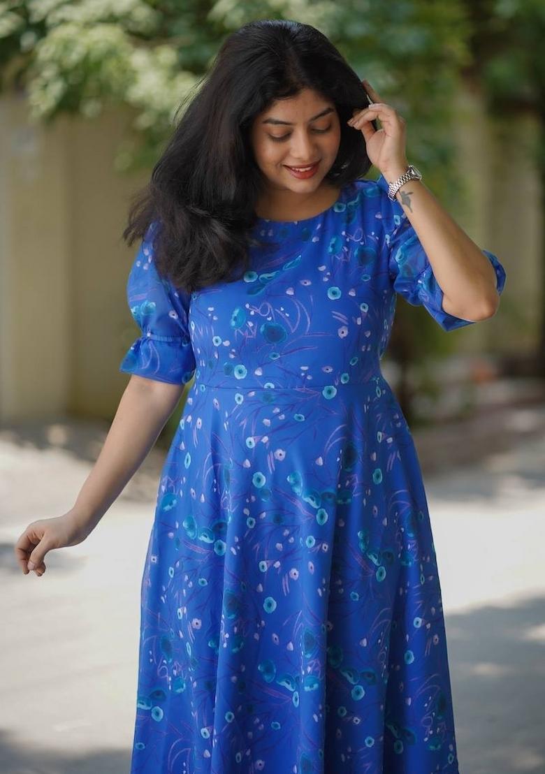 Blue Printed Chiffon Dress - Indya