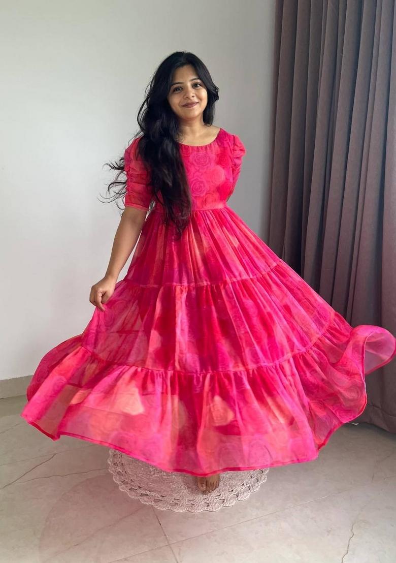 Pink Printed Chiffon Dress - Indya