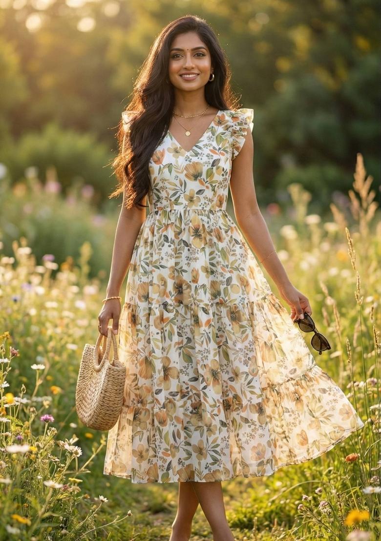 Multicolor Printed Chiffon Dress - Indya