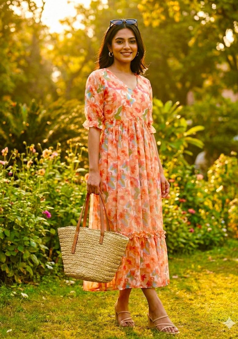 Multicolor Printed Chiffon Dress - Indya