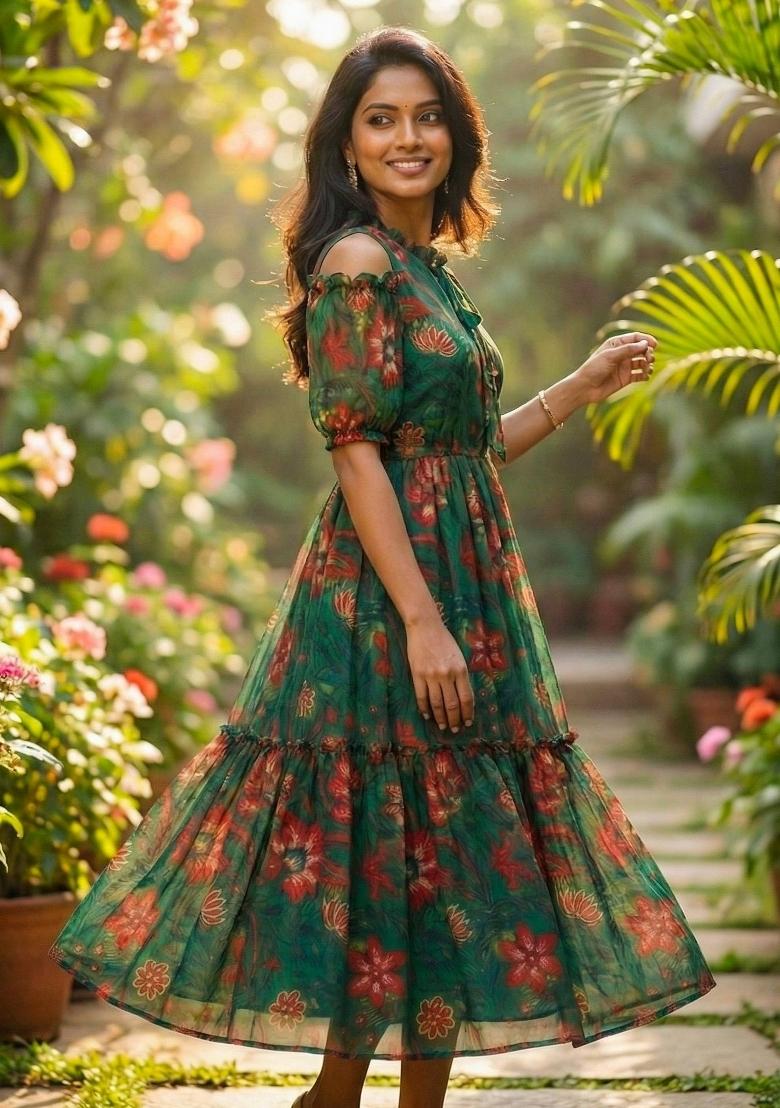 Multicolor Printed Chiffon Dress - Indya