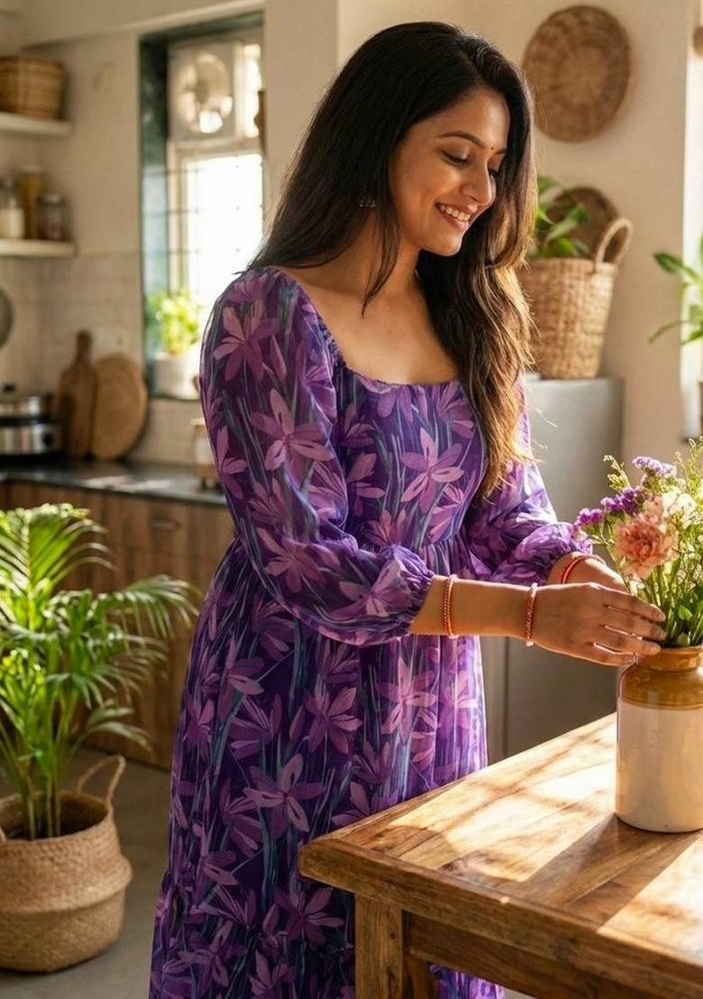 Multicolor Printed Chiffon Dress - Indya