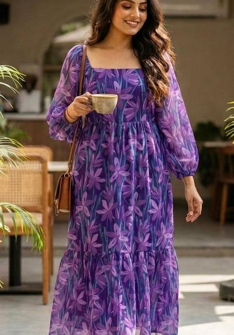 Multicolor Printed Chiffon Dress — view on Indya