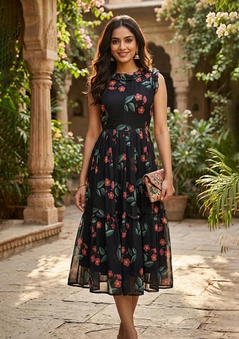 Multicolor Printed Chiffon Dress - Indya