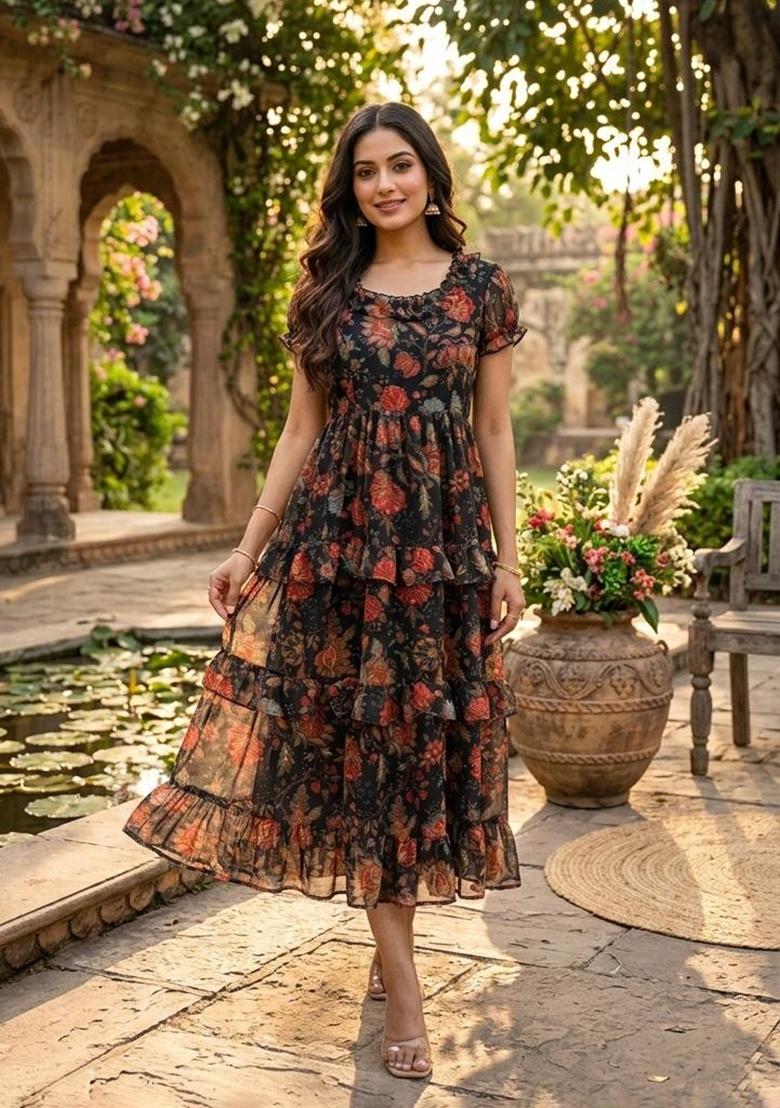 Multicolor Printed Georgette Dress - Indya