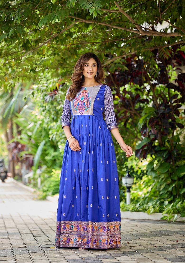 Blue Printed Silk Dress - Indya