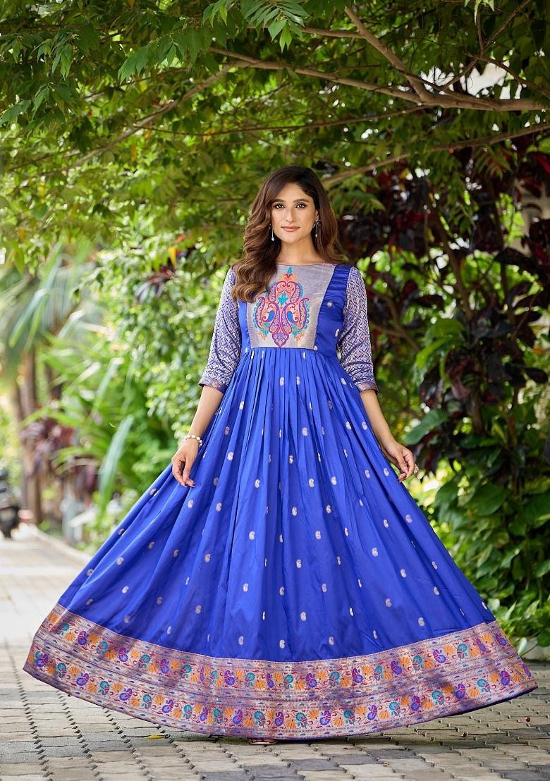Blue Printed Silk Dress - Indya