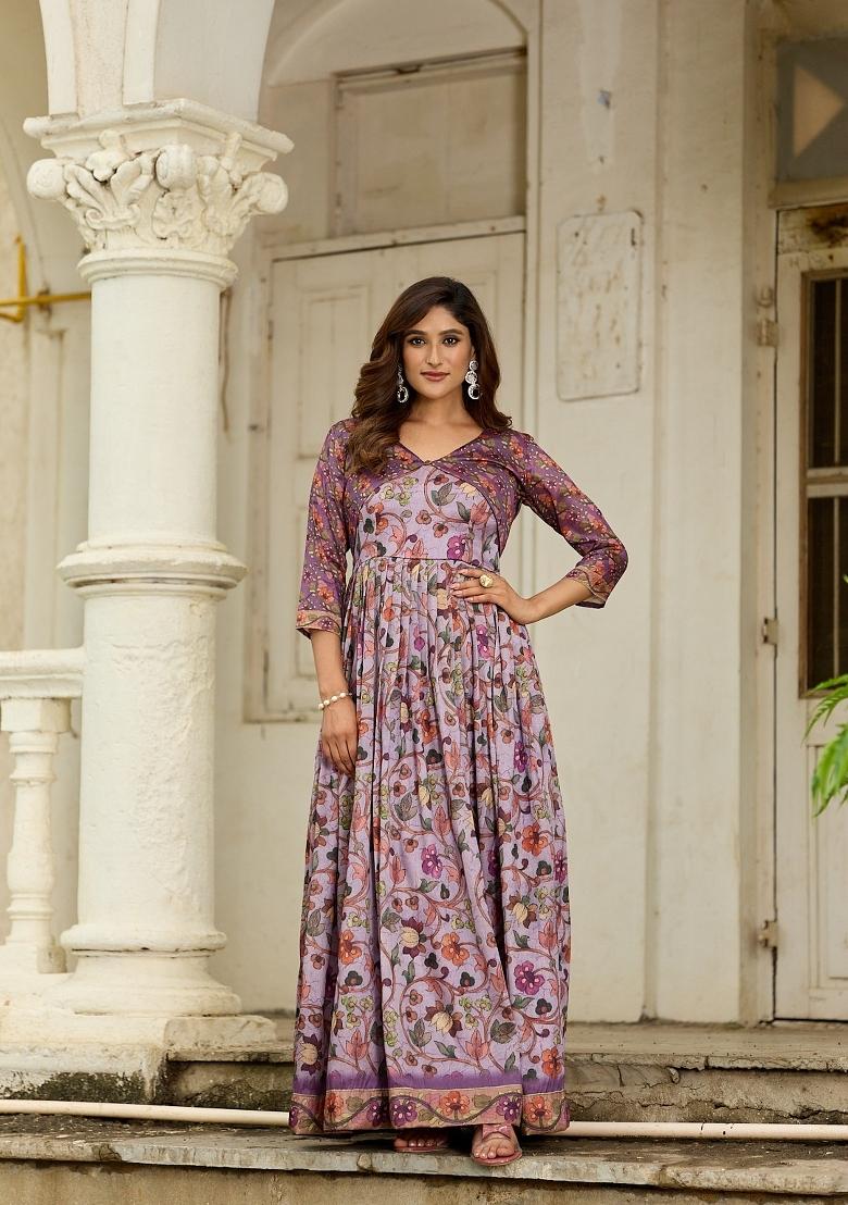 Lavender Printed Silk Dress - Indya