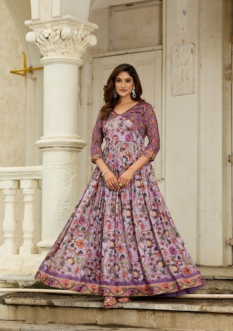 Lavender Printed Silk Dress - Indya