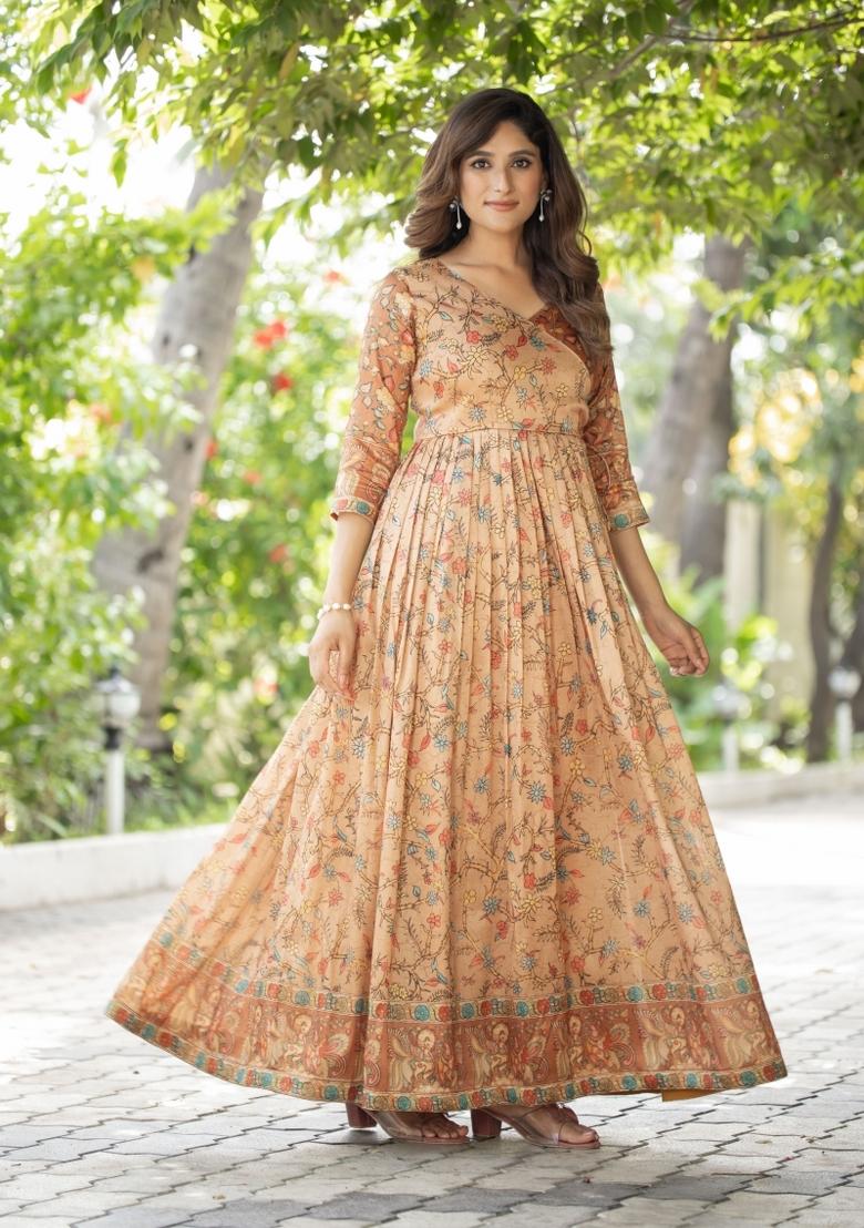 Beige Printed Silk Dress - Indya