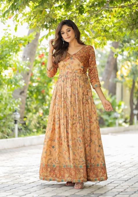 Beige Printed Silk Dress