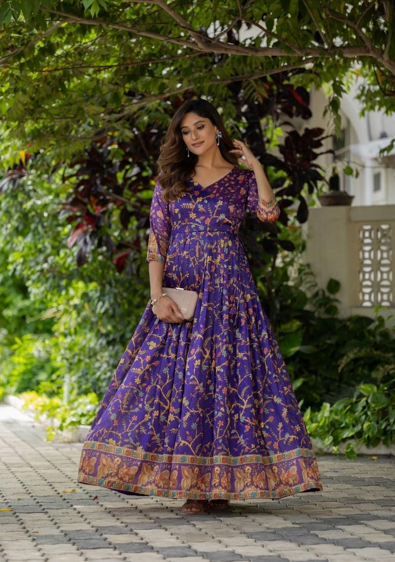 Deep Violet Printed Silk Dress - Indya
