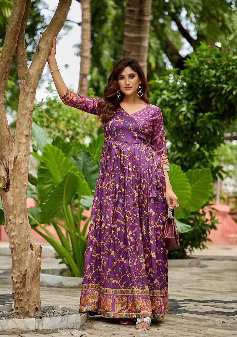 Deep Violet Printed Silk Dress - Indya