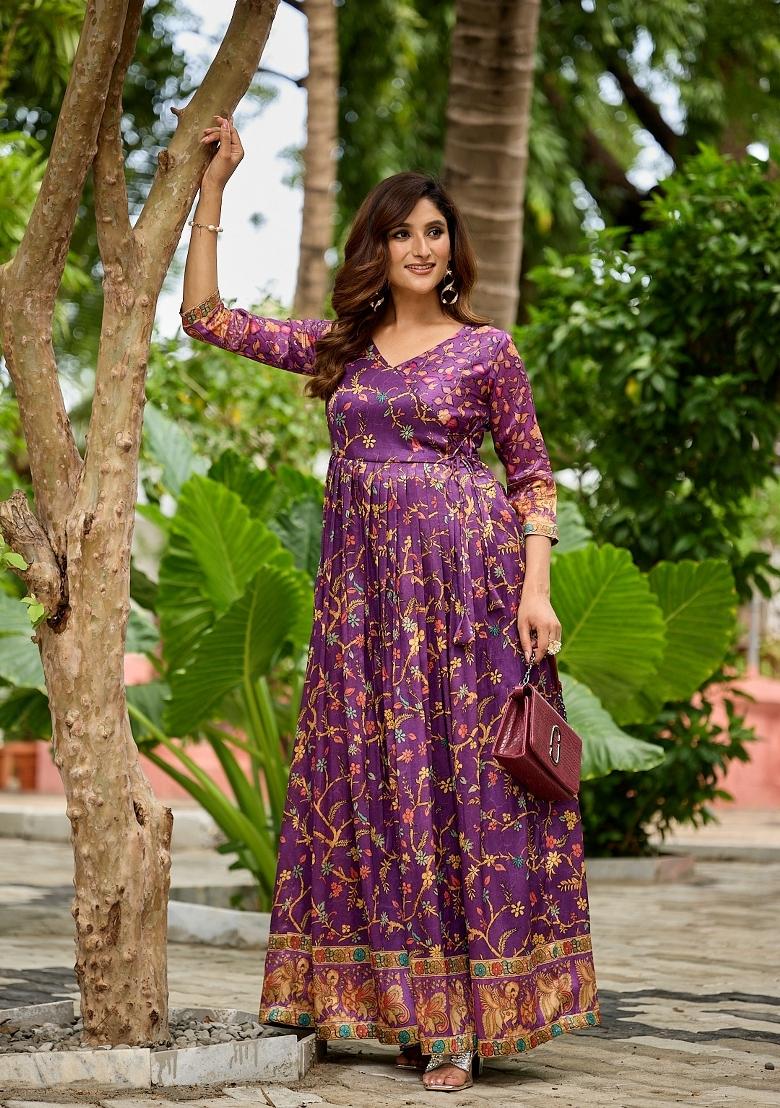 Deep Violet Printed Silk Dress - Indya