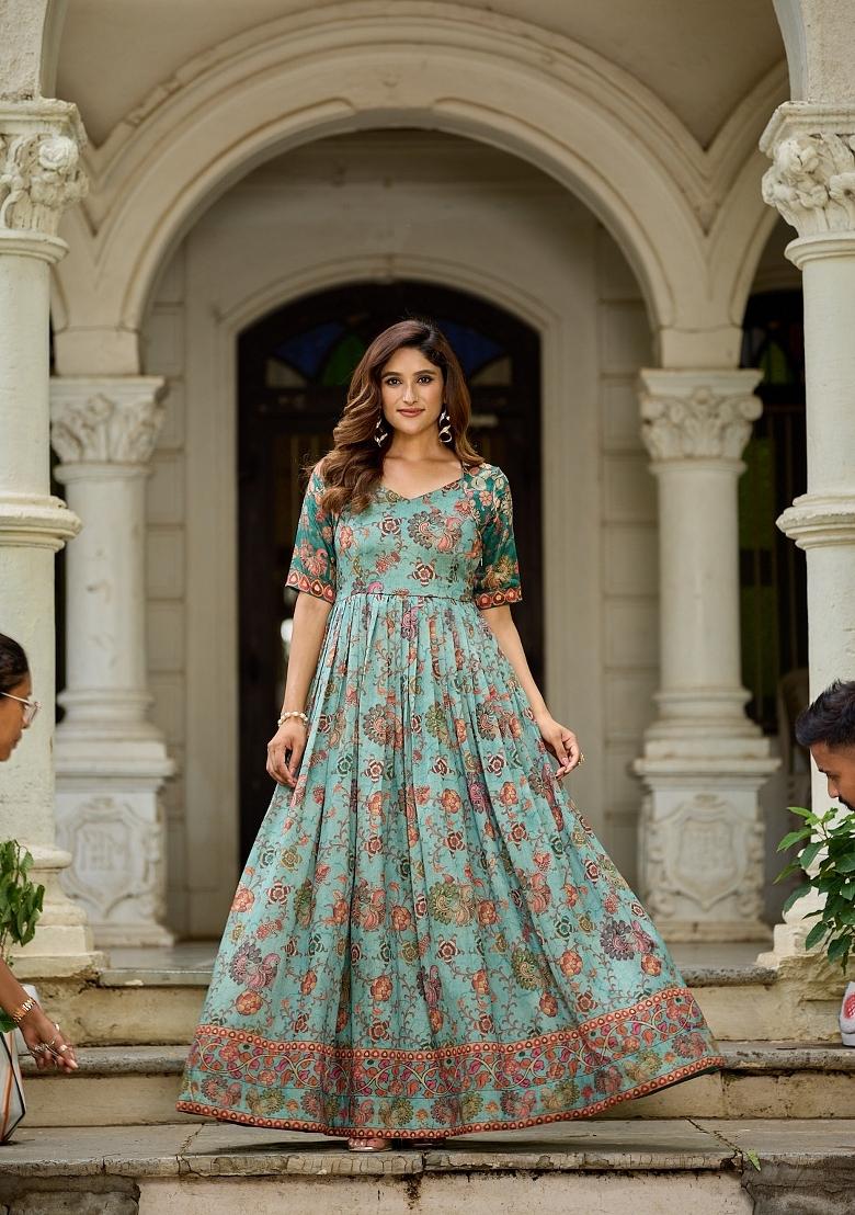 Green Printed Silk Dress - Indya